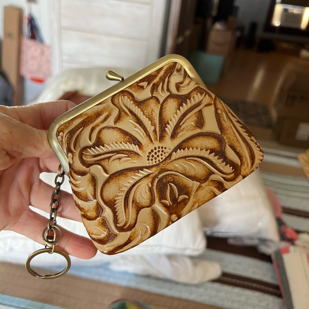 Patricia Nash Tan Floral Embossed Coin Purse